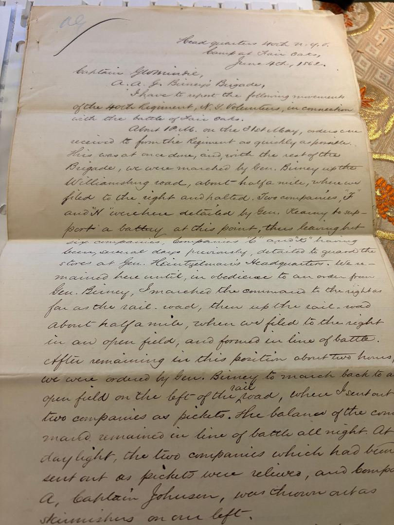Manuscript Report 40th NYVI Battle of Fair Oaks, Col T Egan
