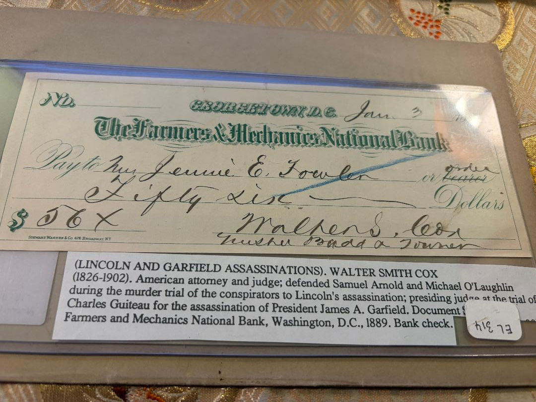 Autographed Check Walter Smith Cox Lawyer Lincoln Trial