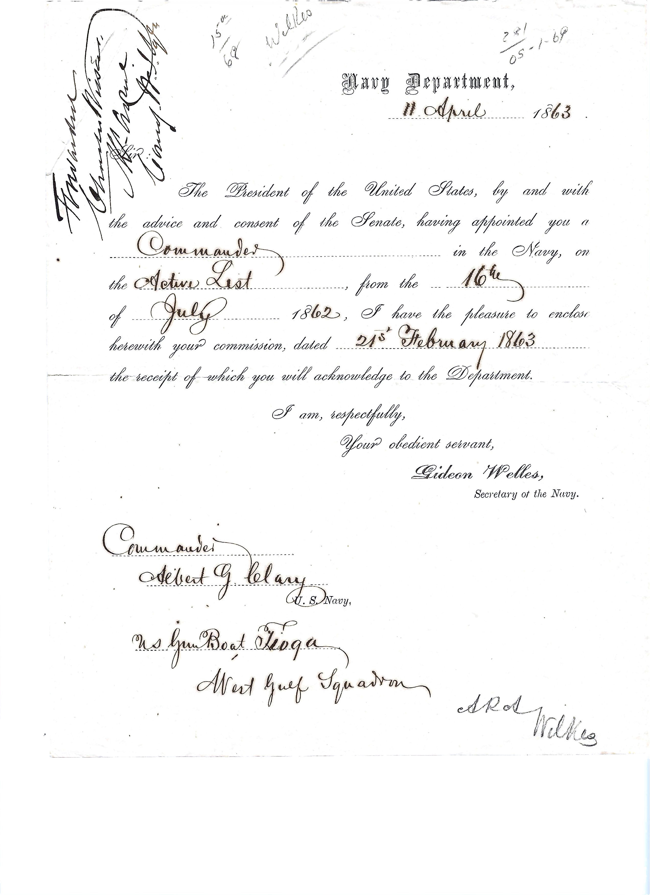 Union Appointment of Commander Albert G Clary USN