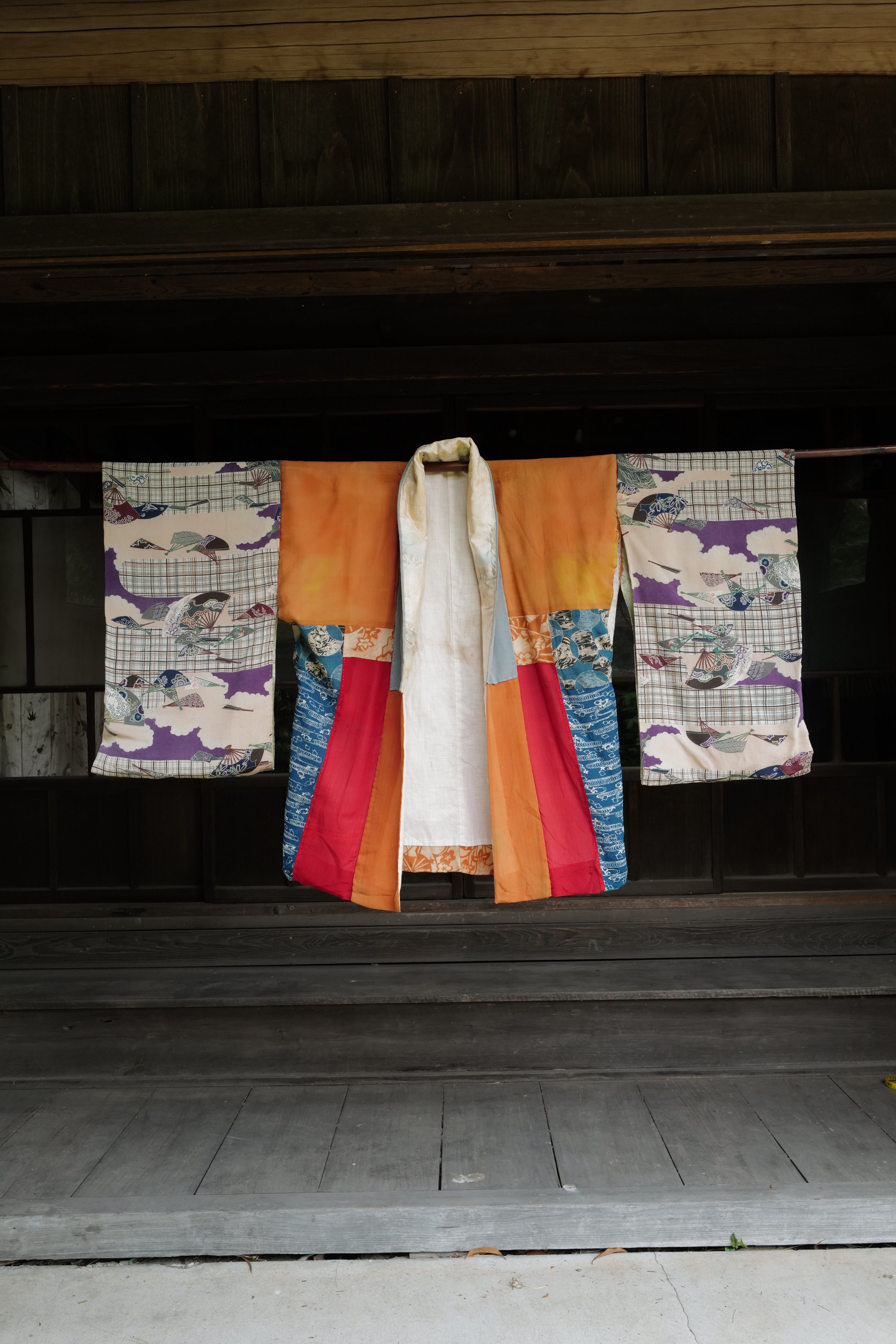 Vintage Silk Juban with Scenic Sleeves and Safflower-Dyed Orange Panels