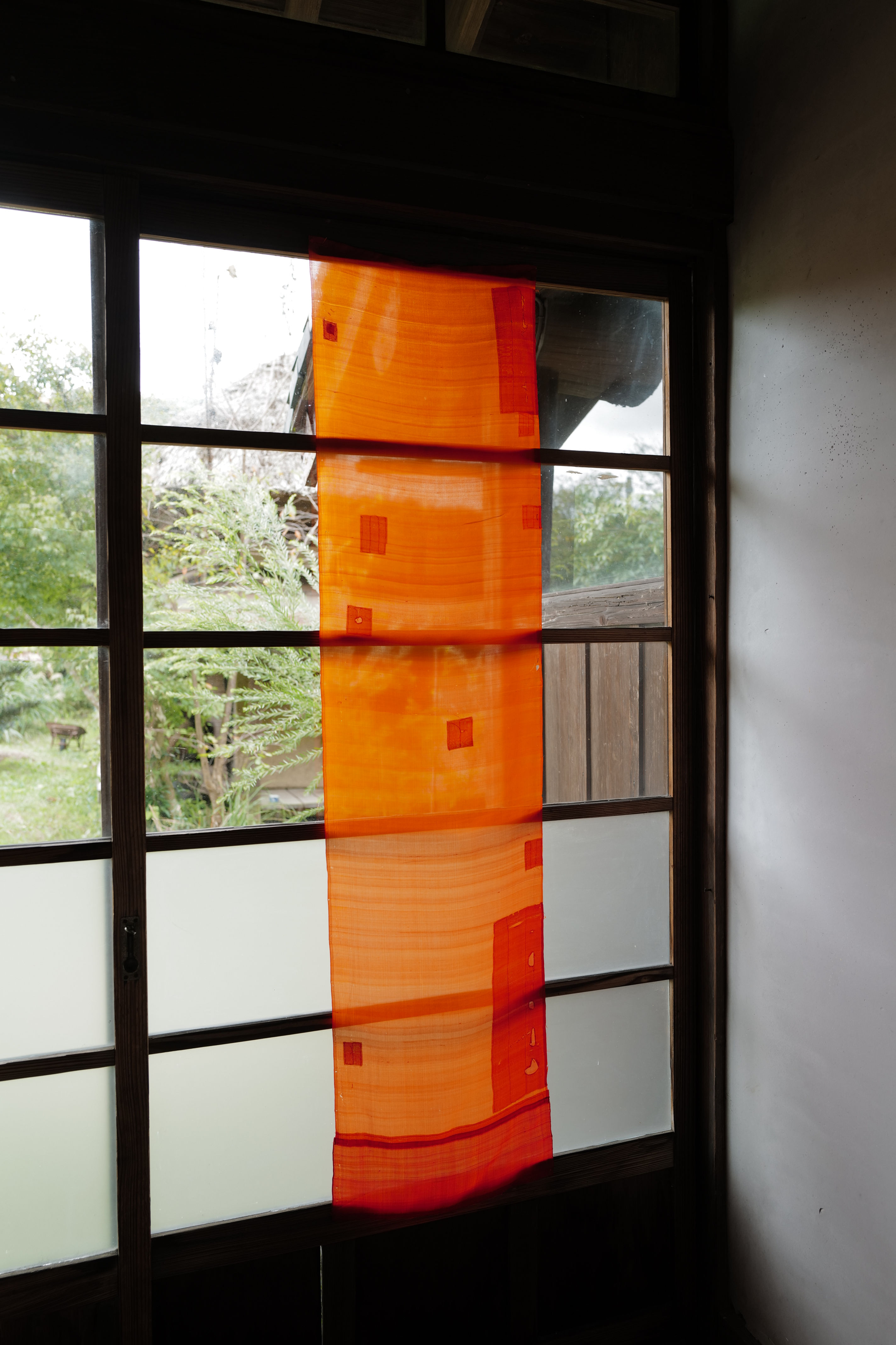 Japanese vintage sashiko stitched Benibana dyed silk fragment