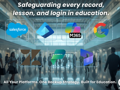 Modern university atrium with students walking through, overlaid with holographic shields showing logos for Salesforce, Entra ID, Microsoft 365, Google Workspace, Zendesk, Microsoft Power Platform, Okta and Dynamics 365 - symbolising comprehensive cloud data protection for education.