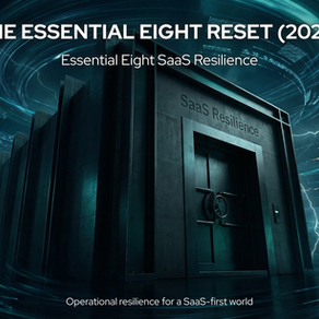 Cinematic illustration of a secure data vault remaining intact while turbulent SaaS cloud systems swirl around it, representing Essential Eight SaaS resilience and independent recovery.