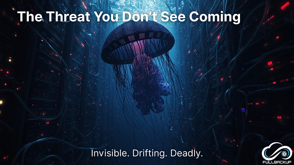 Hyperrealistic giant black jellyfish with bioluminescent glow drifting through an underwater data centre, cables like tentacles — representing stealth breaches that go undetected until the damage is done.