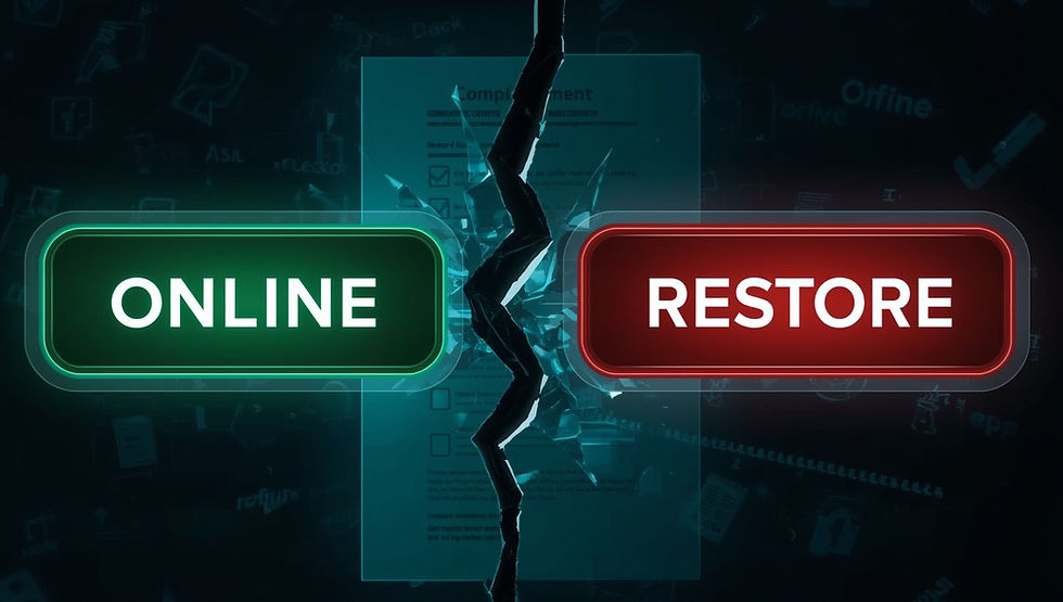 Illustration of a glowing green “Online” button next to a cracked red “Restore” button with broken icons of an email, folder, and ID card. Symbolises that Microsoft 365, Google Workspace, Salesforce, and Dynamics 365 guarantee uptime but not data recovery — highlighting the need for independent SaaS backup under CPS 230 and the Essential Eight.