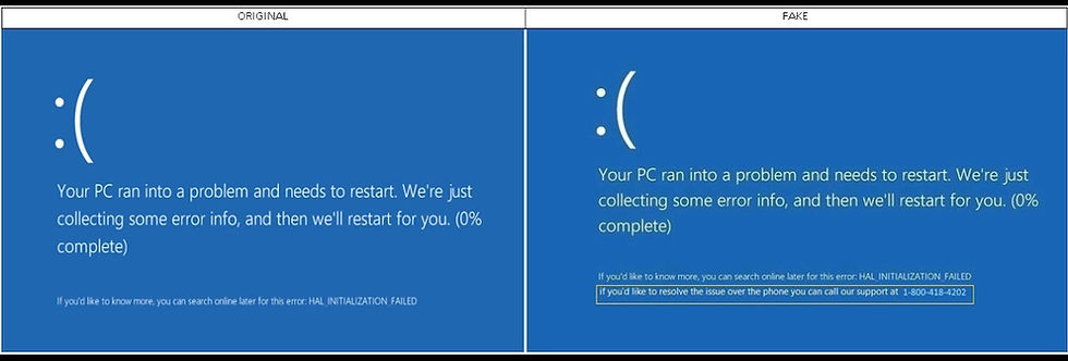 Tech Support Scam Full Screen Windows imitating a System Error or Blue Screen of Death (BSOD)