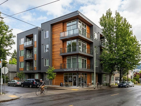 Modern Portland apartment building representing passive real estate syndication investment opportunities through Uptown Syndication.