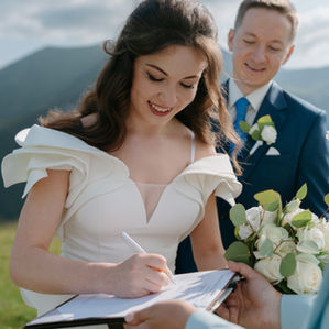 outdoor official wedding ceremony in Gudauri mountains signing