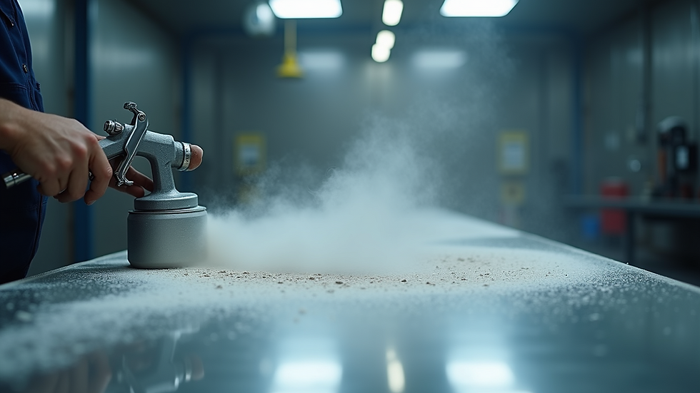 Close-up view of powder coating spray gun applying powder on metal surface