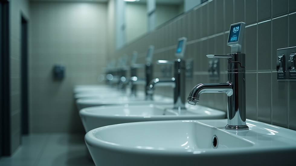Close-up view of a digital faucet screen in a public restroom