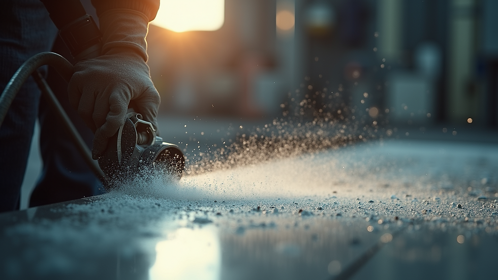 Close-up view of sand blasting machine cleaning a metal surface