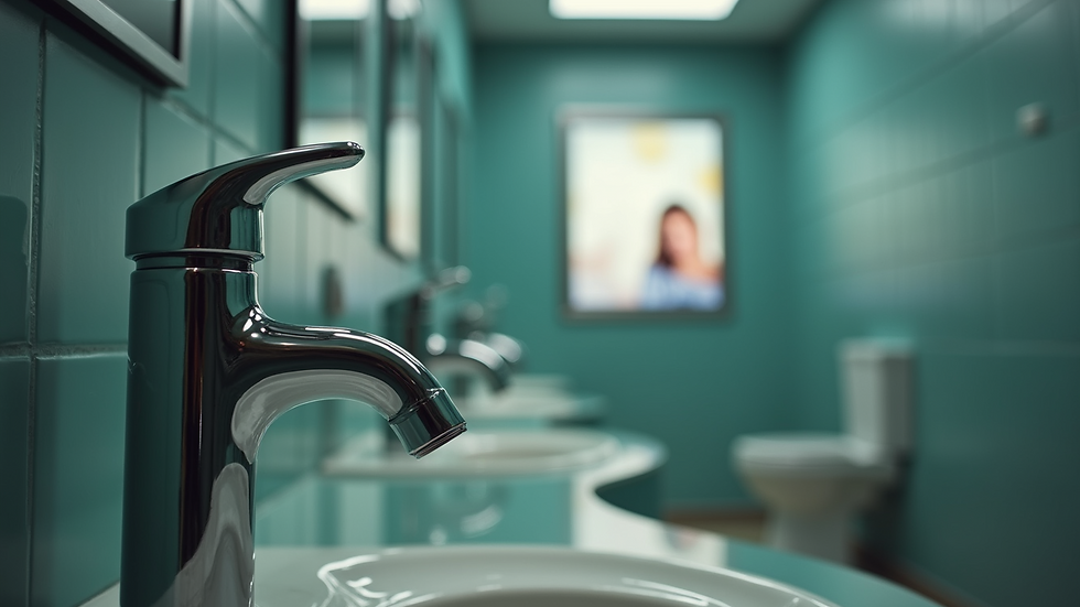 Eye-level view of a restroom faucet with an integrated digital advertising screen