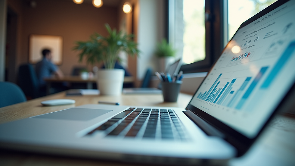 Eye-level view of a modern workspace with a focus on digital marketing analytics