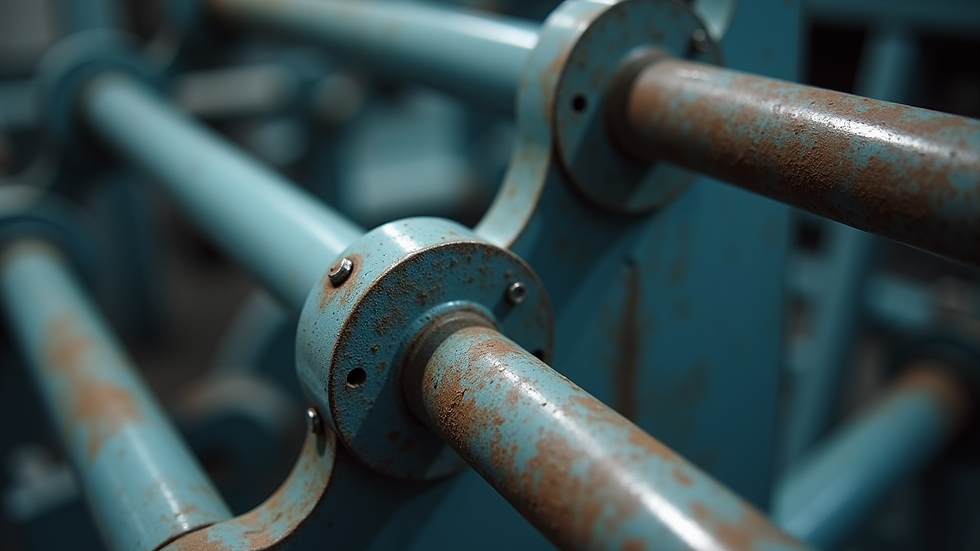 High angle view of industrial metal parts with powder coating finish