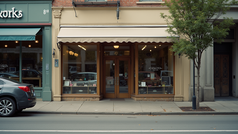 Eye-level view of a local business storefront with clear signage