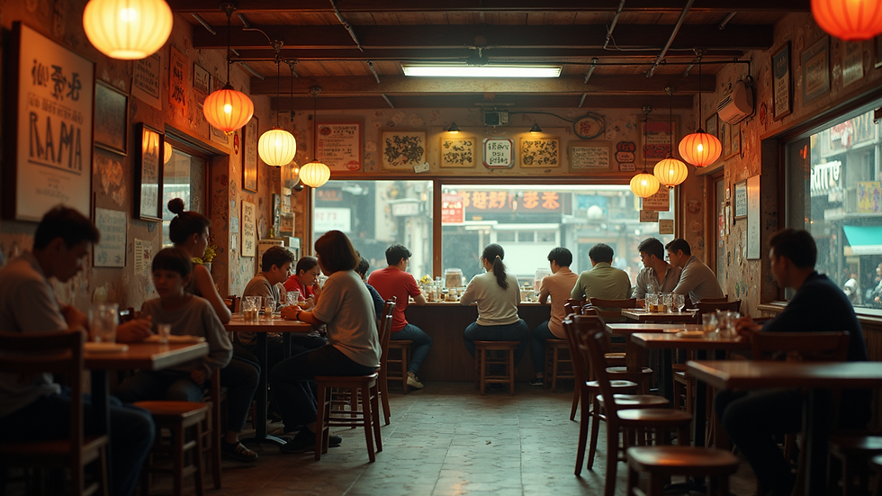 Wide-angle view of a bustling local restaurant