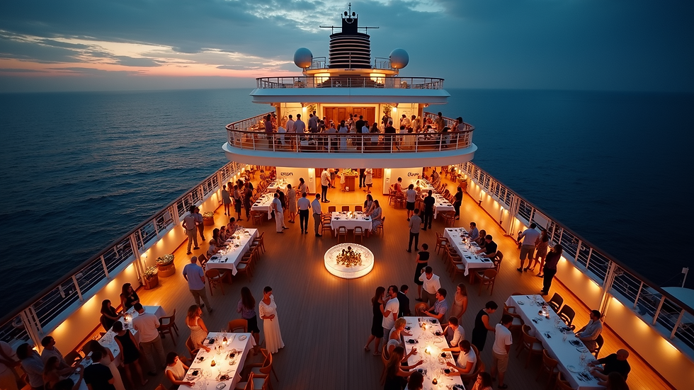 High angle view of cruise ship deck party with lighting and guests