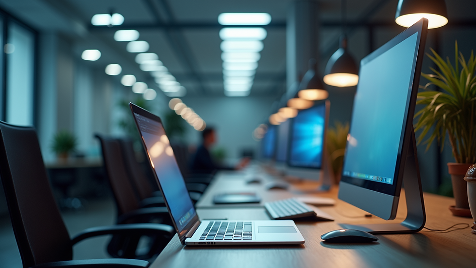 Eye-level view of a modern office workspace with digital devices