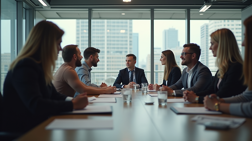 Wide angle view of a modern marketing meeting in progress