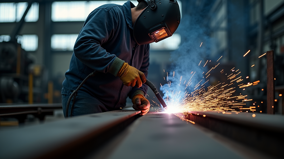 Close-up view of a welder joining steel beams in an industrial workshop