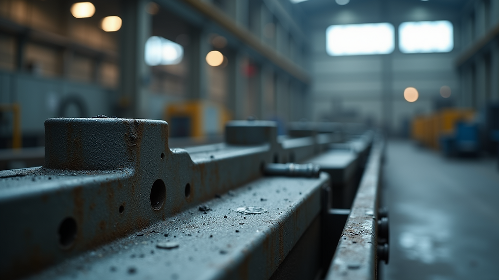 Eye-level view of industrial metal parts after sand blasting preparation