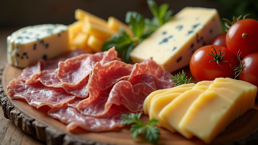 Close-up view of an artisanal charcuterie and cheese board with assorted meats and cheeses
