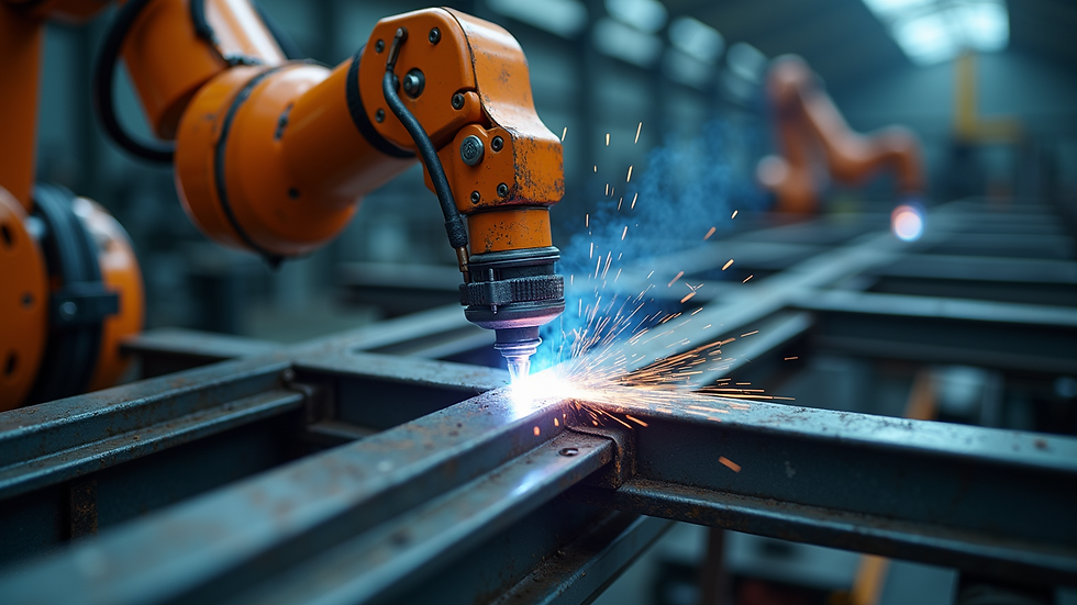 High angle view of robotic welding arm working on metal frame