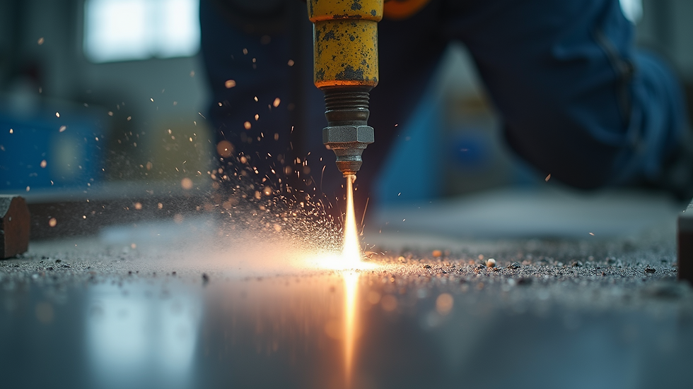 Close-up view of sandblasting nozzle cleaning a metal surface