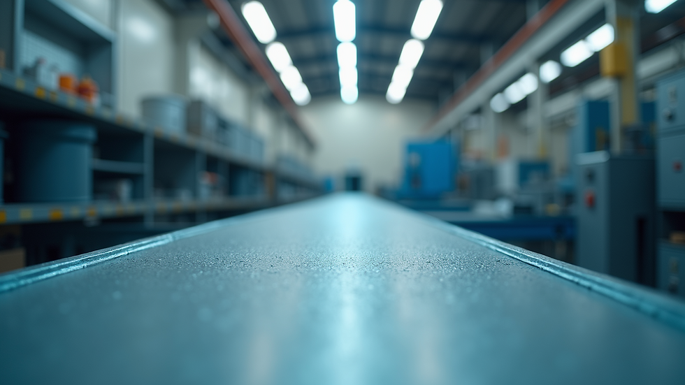 Eye-level view of a powder coating facility with equipment and coated metal parts