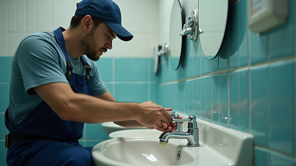 High angle view of a plumber installing a faucet in a commercial restroom