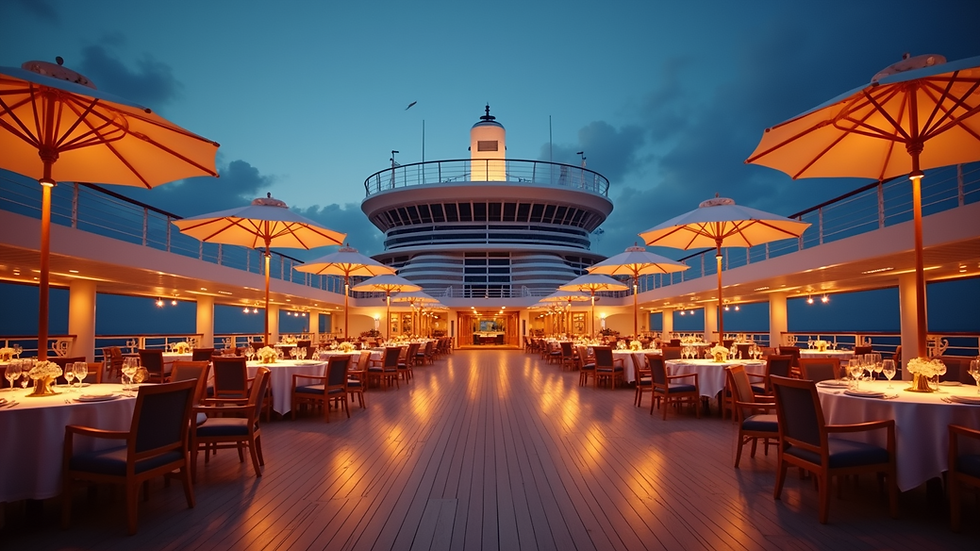 Eye-level view of a luxury cruise ship deck set up for an event with elegant lighting