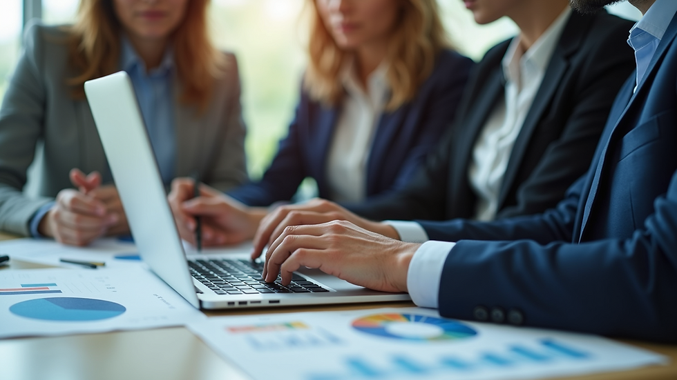 Eye-level view of a business team analyzing charts on a laptop