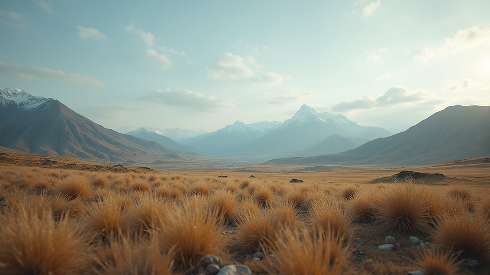 Wide angle view of a scenic landscape with mountains in the background