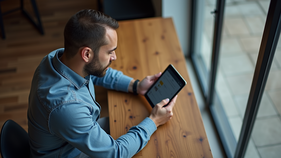 High angle view of a business owner reading online reviews on a tablet