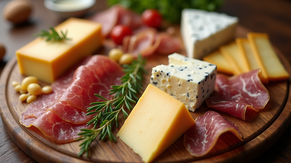Close-up view of an artisanal charcuterie board with cheeses and cured meats