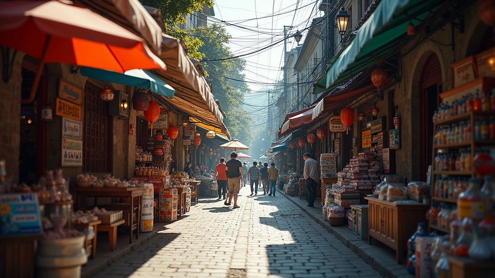 High angle view of a busy street filled with local shops