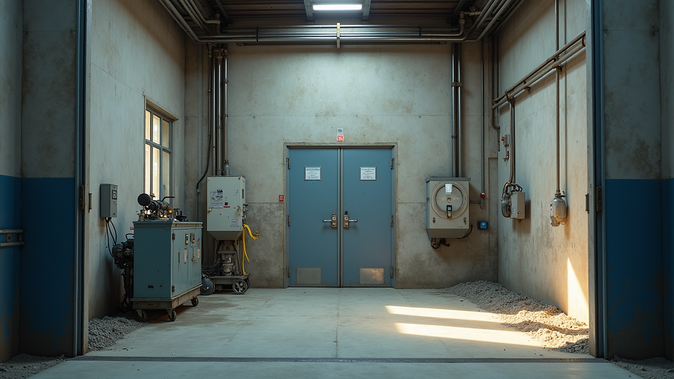 Eye-level view of a sand blasting booth with equipment ready for use