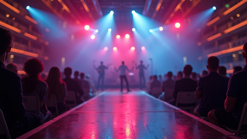 Eye-level view of a cruise ship event stage setup with lighting and sound equipment