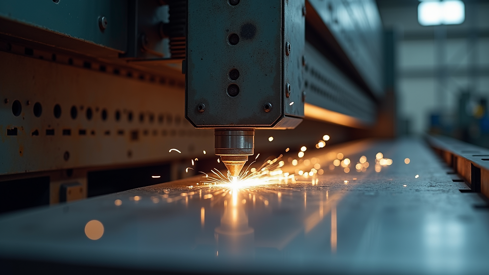 Eye-level view of a metal press brake bending a steel sheet