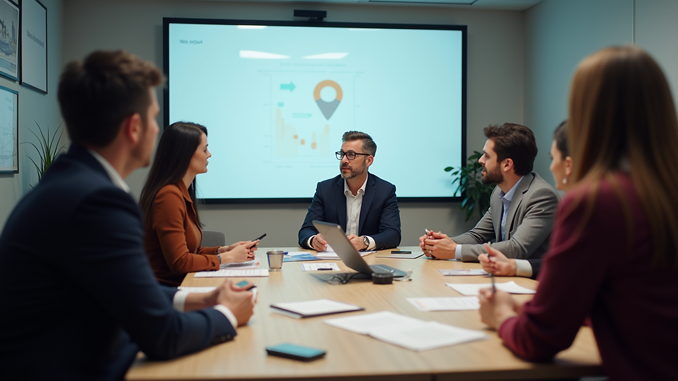 High angle view of a team in a training session focused on marketing strategies