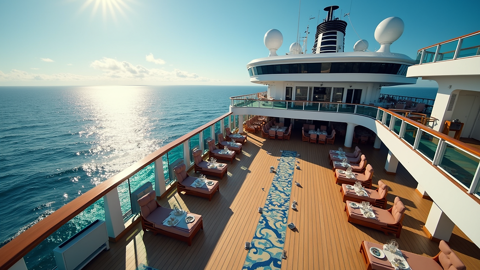 High angle view of cruise ship deck with event setup