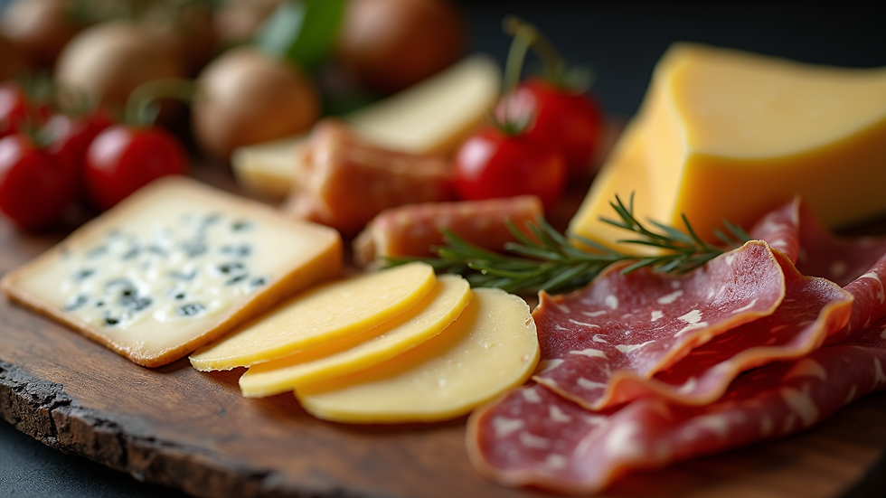 Close-up view of an elegant charcuterie board with assorted cheeses and cured meats