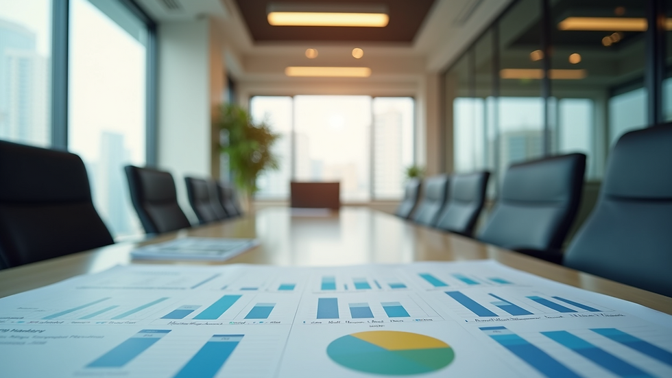 Eye-level view of a modern office meeting room with business charts on the table