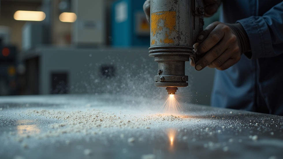 Close-up view of sand blasting machine cleaning a metal surface