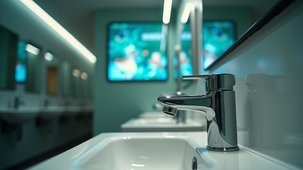Eye-level view of a commercial restroom faucet with a digital ad display