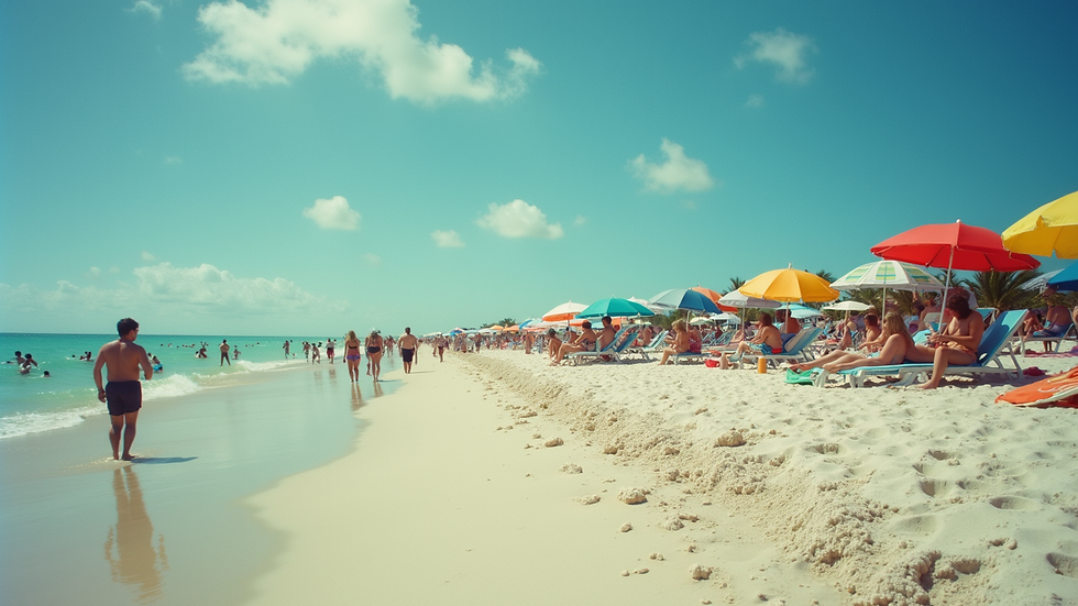 Eye-level view of a crowded Miami beach with vibrant umbrellas