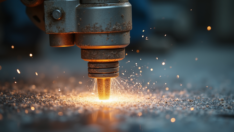 Close-up view of sand blasting machine nozzle cleaning a metal surface