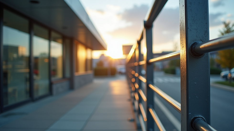Eye-level view of a custom metal railing system installed on a commercial building