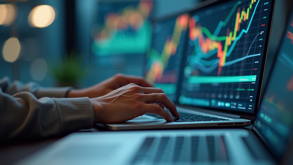 Close-up view of a researcher analyzing market data on a laptop
