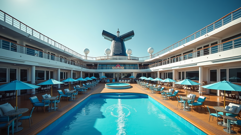 Eye-level view of a cruise ship deck with branded event setup